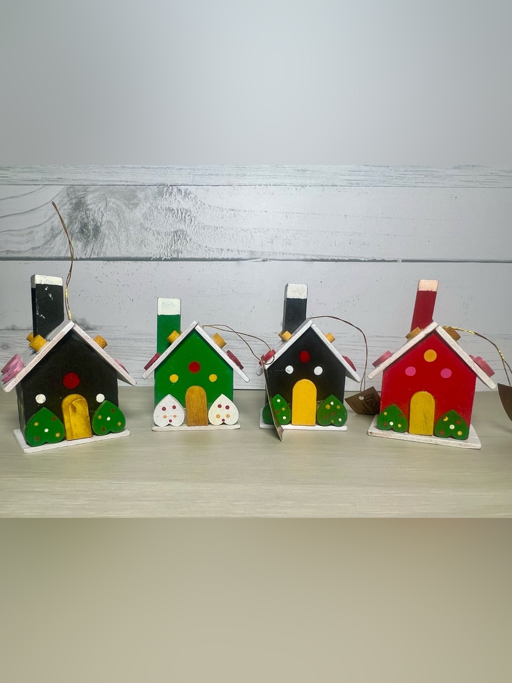 Vintage Toyland Jasco Wooden Valentine Heart House Ornaments Set of 4